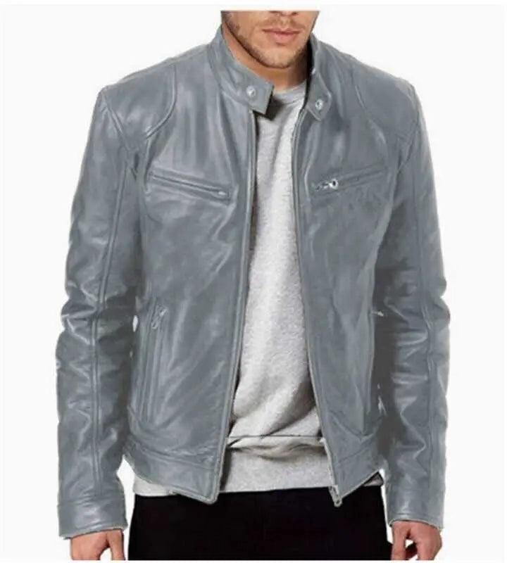 MunaWear - Leather Jackets - Caden - Sleek Men's Leather Jacket With Stand Collar For Casual Outings - 