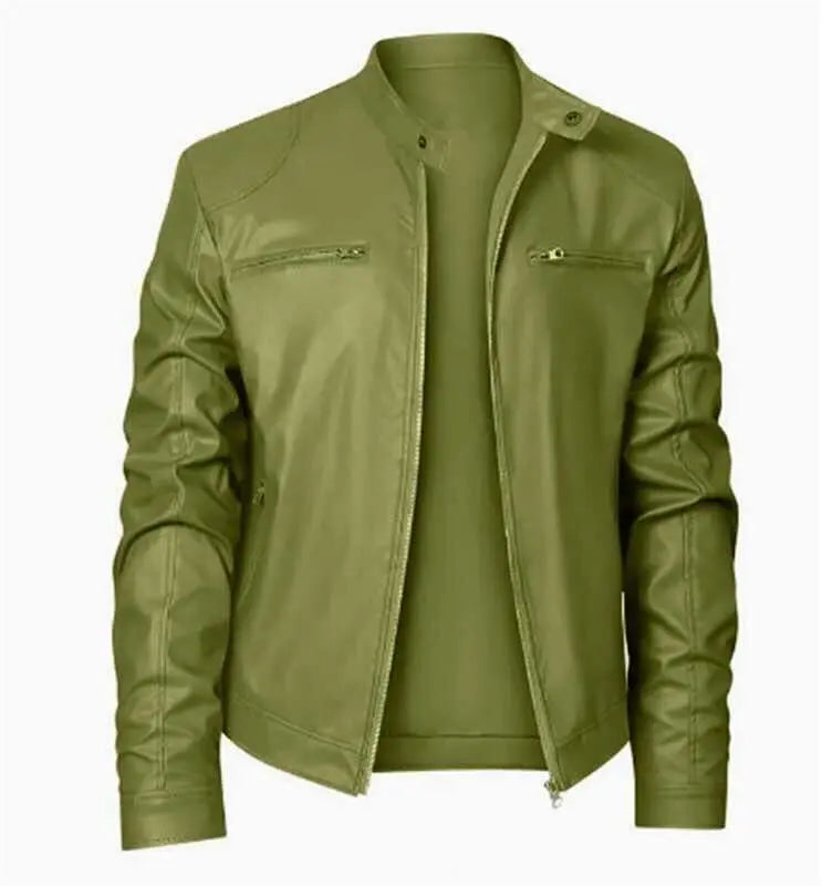 MunaWear - Leather Jackets - Caden - Sleek Men's Leather Jacket With Stand Collar For Casual Outings - 