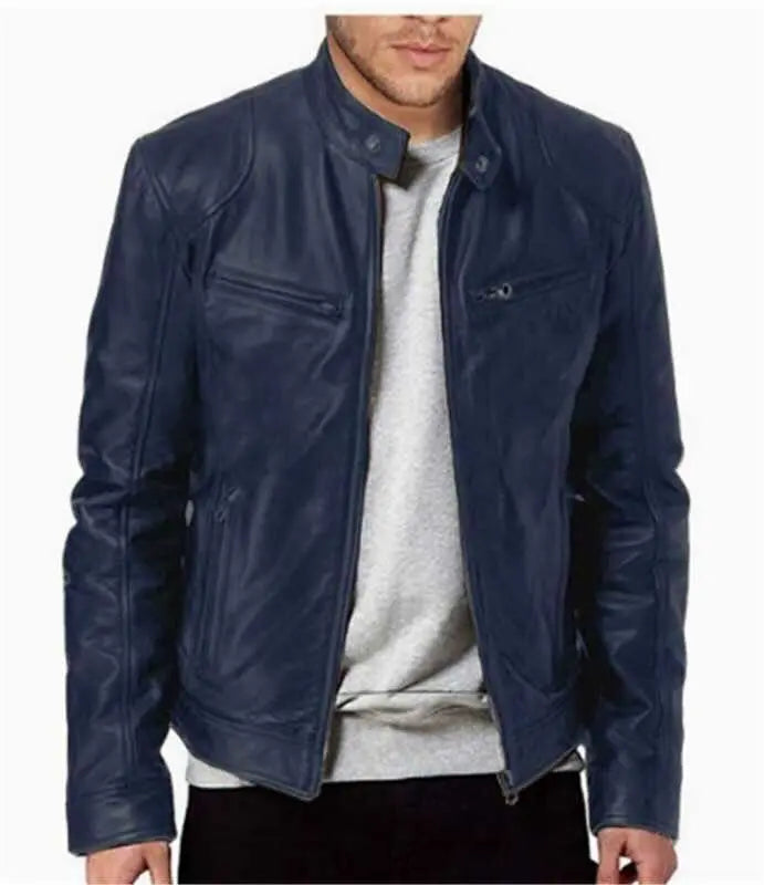 MunaWear - Leather Jackets - Caden - Sleek Men's Leather Jacket With Stand Collar For Casual Outings - 