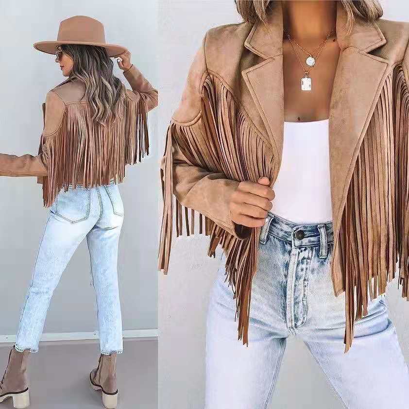 MunaWear - Leather Jackets - Liora - Chic Women's Fringed Jacket With Cropped Design For Everyday Casual Wear - Brown / XL