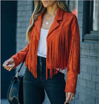 MunaWear - Leather Jackets - Liora - Chic Women's Fringed Jacket With Cropped Design For Everyday Casual Wear - Orange / XL