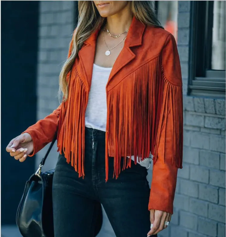MunaWear - Leather Jackets - Liora - Chic Women's Fringed Jacket With Cropped Design For Everyday Casual Wear - Orange / XL
