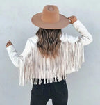 MunaWear - Leather Jackets - Liora - Chic Women's Fringed Jacket With Cropped Design For Everyday Casual Wear - White / XL