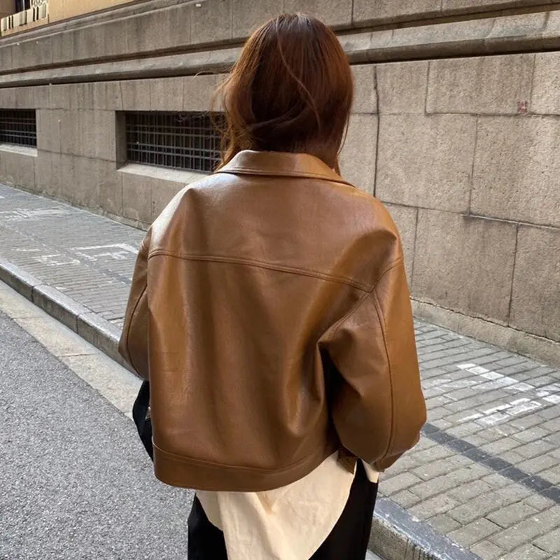 MunaWear - Leather Jackets - Liora - Cropped Leather Jacket Women With Shirt Collar For Casual Outings And Evening Events - 