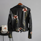 MunaWear - Leather Jackets - Liora - Edgy Women's Leather Biker Jacket With Floral Embroidery For Casual Outings - 