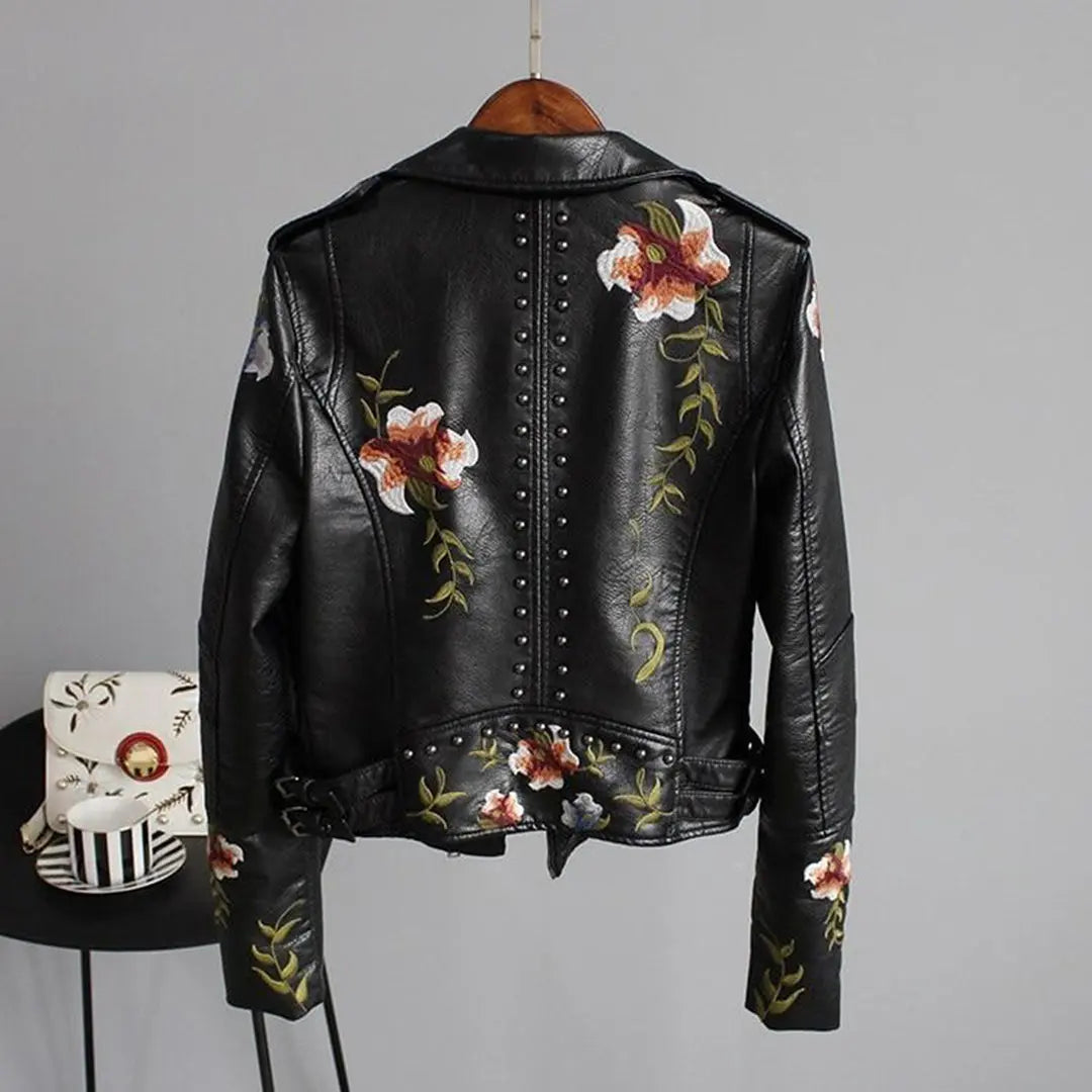 MunaWear - Leather Jackets - Liora - Edgy Women's Leather Biker Jacket With Floral Embroidery For Casual Outings - 