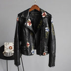 MunaWear - Leather Jackets - Liora - Edgy Women's Leather Biker Jacket With Floral Embroidery For Casual Outings - Black / XL