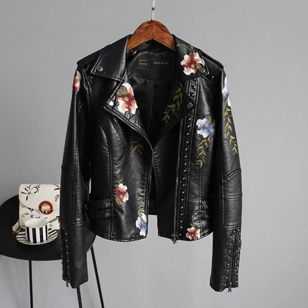 MunaWear - Leather Jackets - Liora - Edgy Women's Leather Biker Jacket With Floral Embroidery For Casual Outings - Black / XL