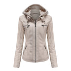 MunaWear - Leather Jackets - Liora - Hooded Women's Leather Jacket With Slim-Fit Design For Casual Wear - Beige / 3XL