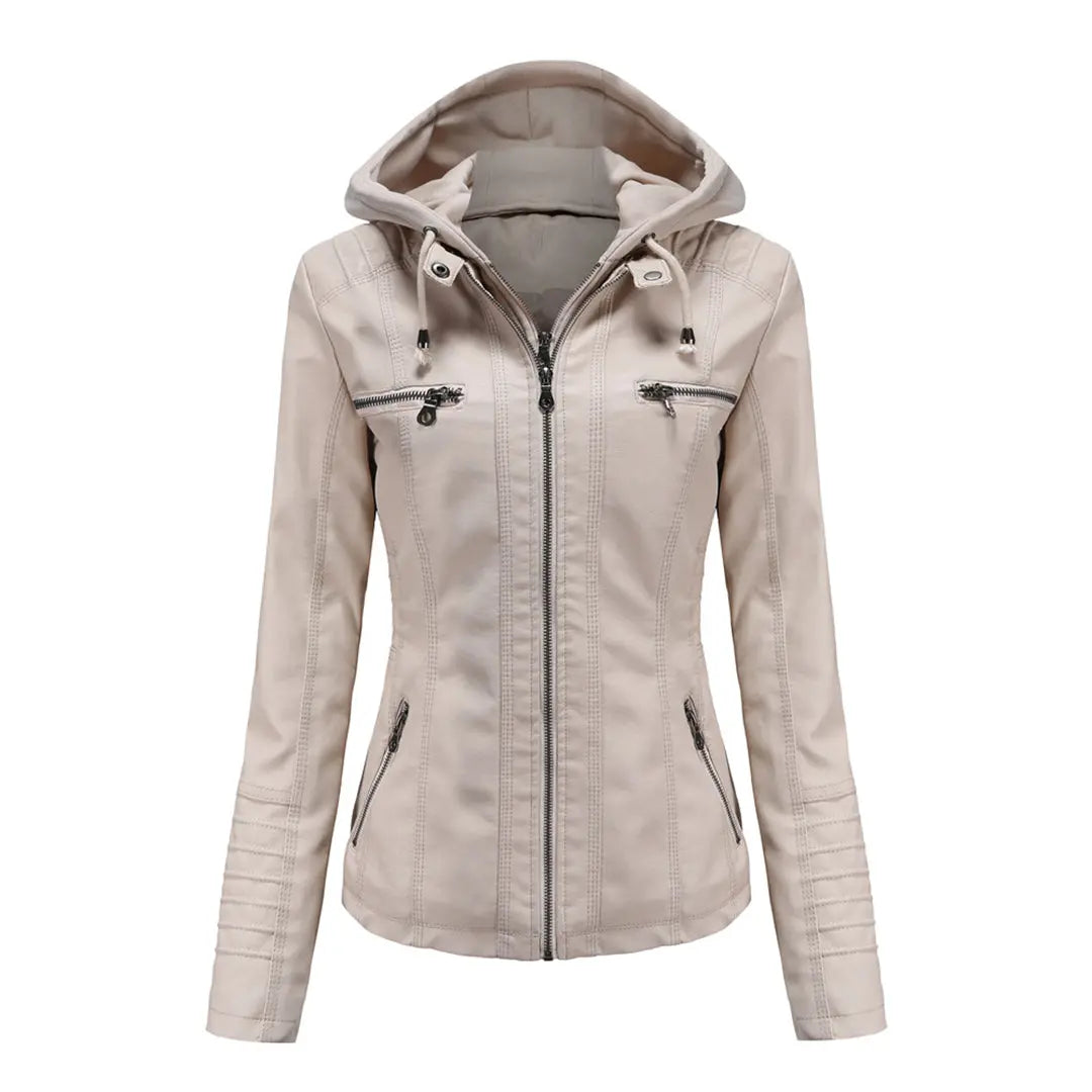 MunaWear - Leather Jackets - Liora - Hooded Women's Leather Jacket With Slim-Fit Design For Casual Wear - Beige / 3XL