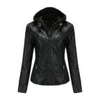 MunaWear - Leather Jackets - Liora - Hooded Women's Leather Jacket With Slim-Fit Design For Casual Wear - Black / 3XL