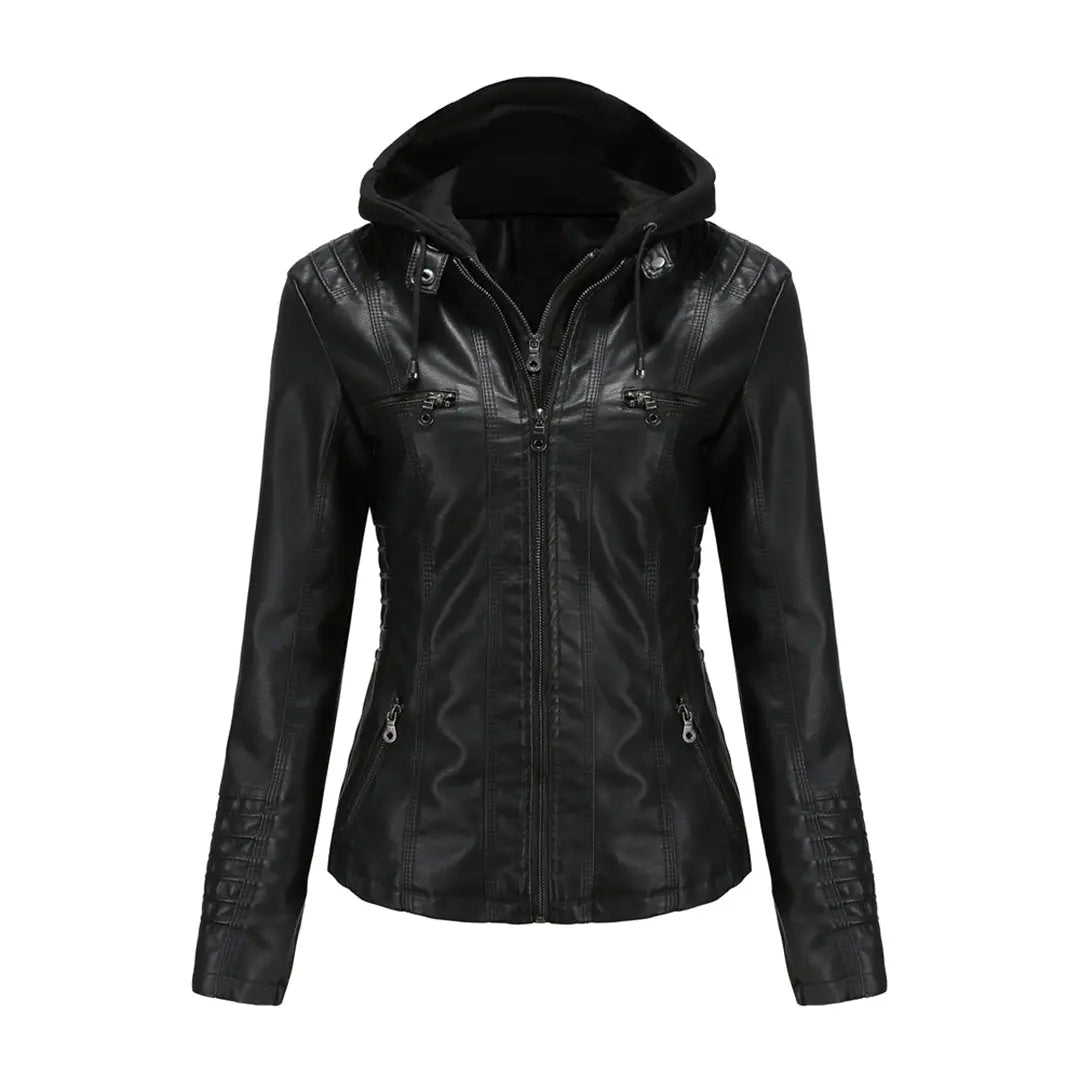 MunaWear - Leather Jackets - Liora - Hooded Women's Leather Jacket With Slim-Fit Design For Casual Wear - Black / 3XL
