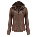 MunaWear - Leather Jackets - Liora - Hooded Women's Leather Jacket With Slim-Fit Design For Casual Wear - Coffee / 3XL