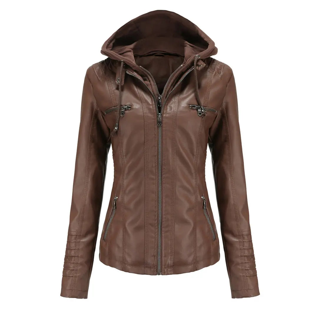 MunaWear - Leather Jackets - Liora - Hooded Women's Leather Jacket With Slim-Fit Design For Casual Wear - Coffee / 3XL