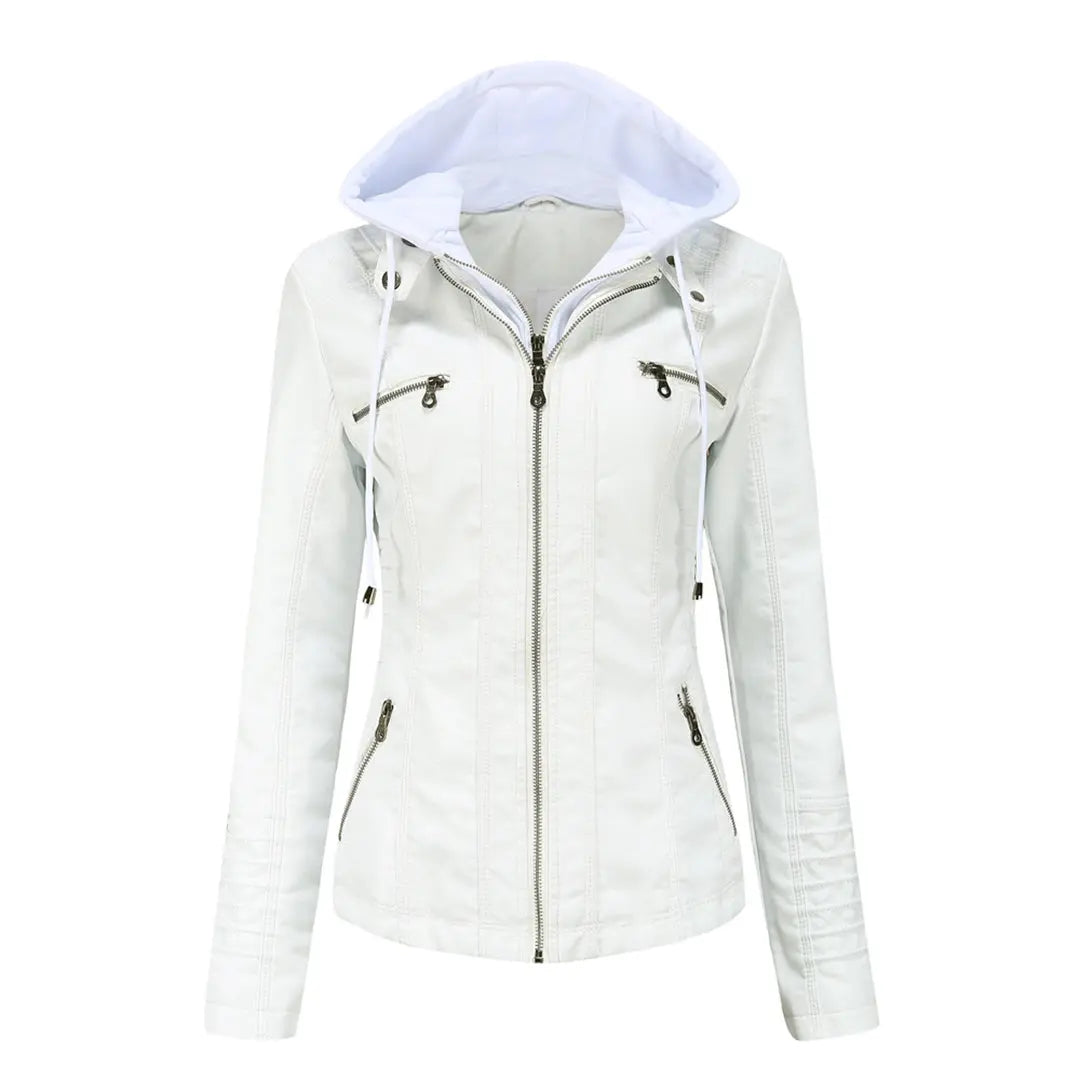 MunaWear - Leather Jackets - Liora - Hooded Women's Leather Jacket With Slim-Fit Design For Casual Wear - White / 3XL
