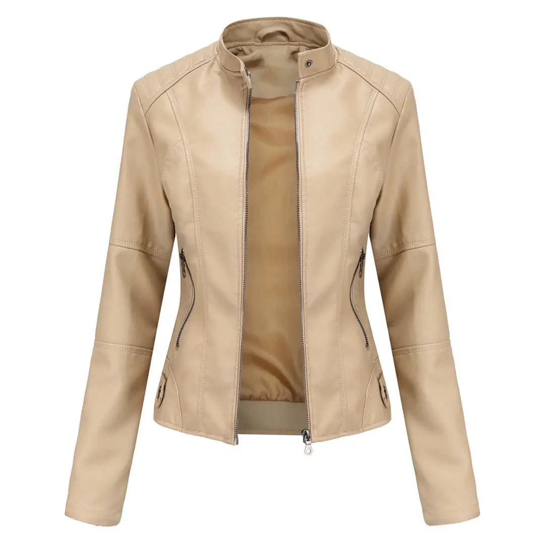 MunaWear - Leather Jackets - Liora - Stylish Quilted Jacket For Women With Biker Design For Casual And Night Out - Beige / 3XL