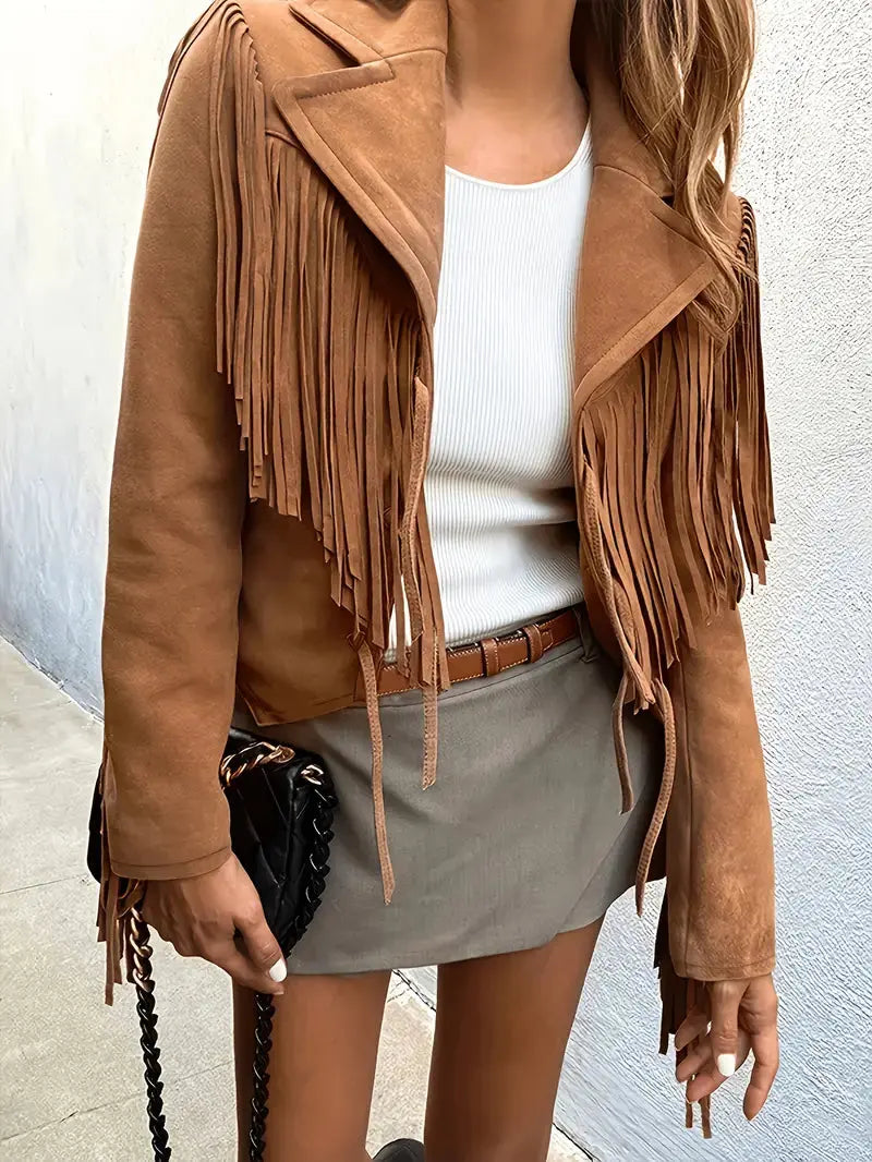 MunaWear - Leather Jackets - Liora - Stylish Women's Jacket With Fringe Trim For Casual And Smart-Casual Wear - Brown / XL