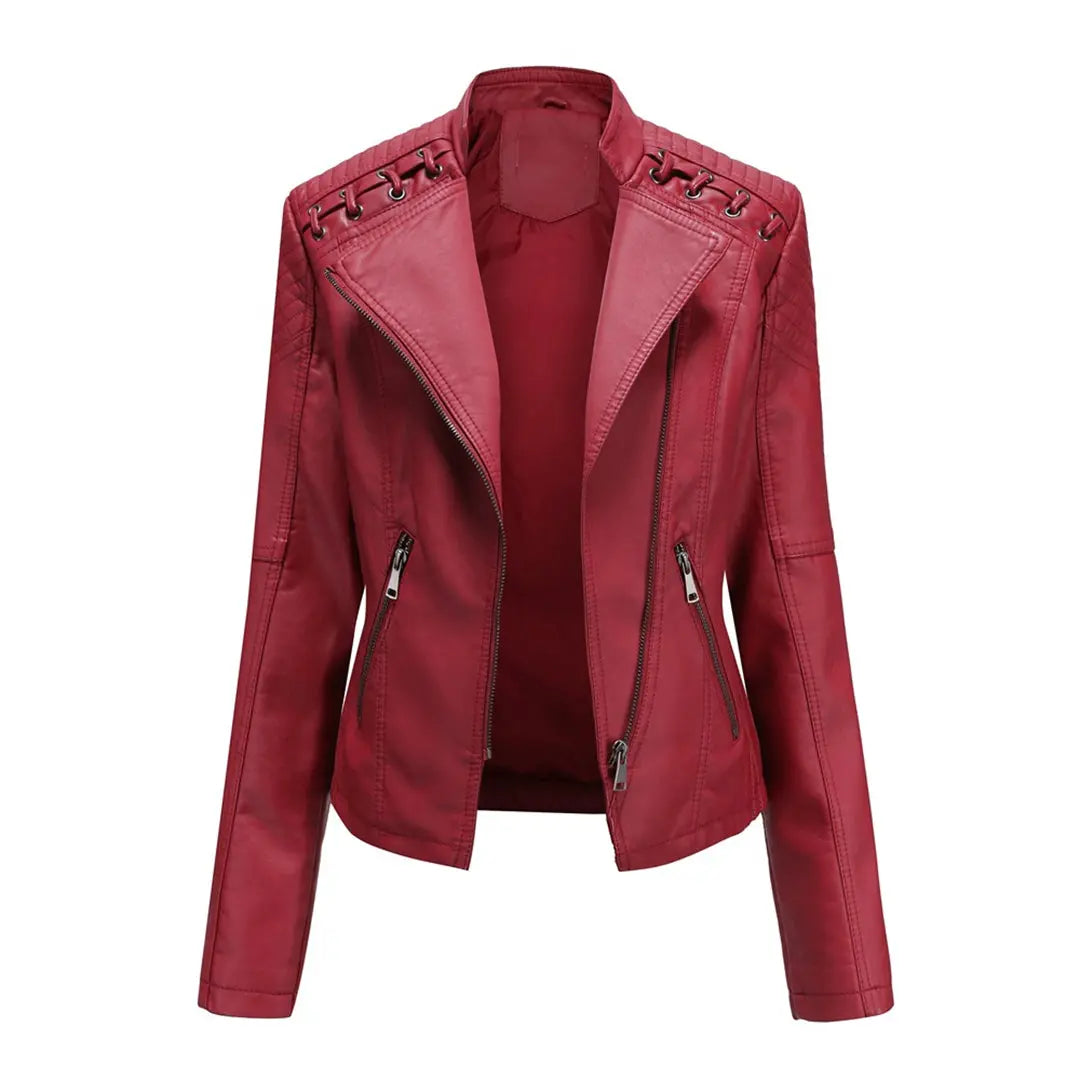 MunaWear - Leather Jackets - Liora - Stylish Women's Leather Jacket With Asymmetric Zip For Casual And Evening Wear - Burgundy / 3XL