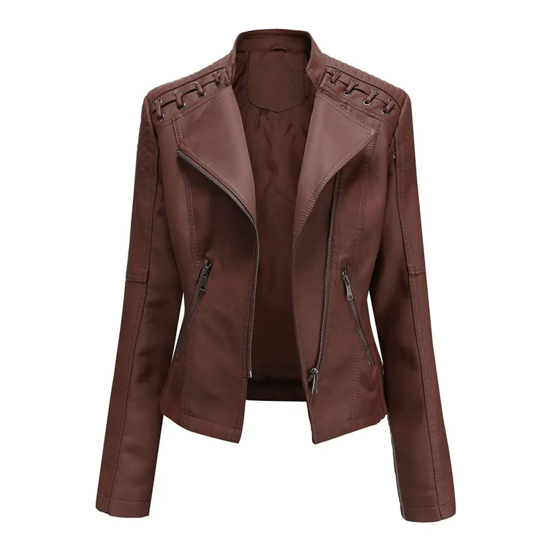 MunaWear - Leather Jackets - Liora - Stylish Women's Leather Jacket With Asymmetric Zip For Casual And Evening Wear - Coffee / 3XL