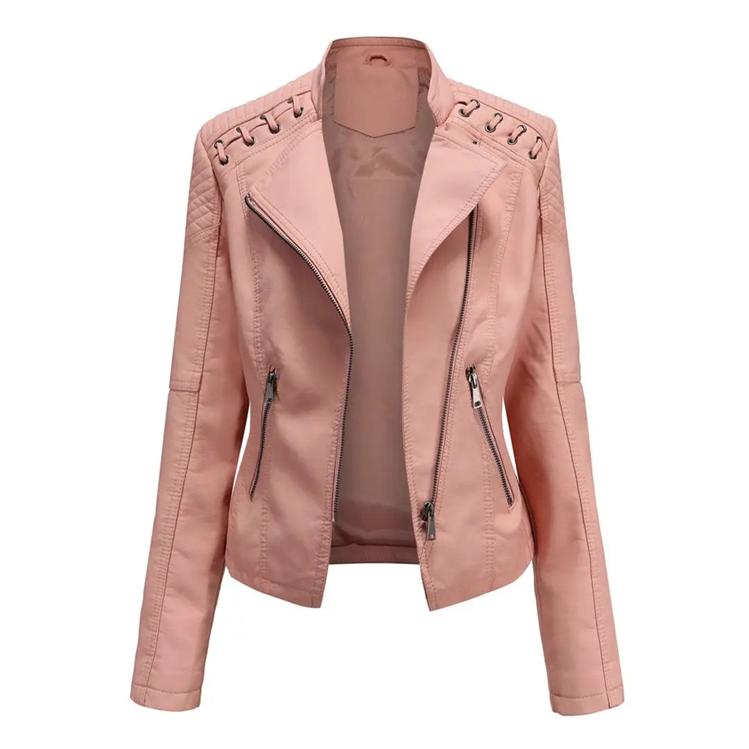 MunaWear - Leather Jackets - Liora - Stylish Women's Leather Jacket With Asymmetric Zip For Casual And Evening Wear - Pink / 3XL