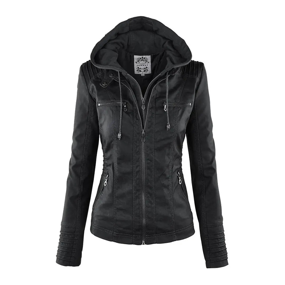 MunaWear - Leather Jackets - Liora - Stylish Women's Leather Jacket With Hood For Casual Outings - Black / 3XL