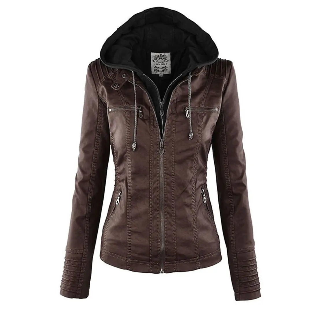 MunaWear - Leather Jackets - Liora - Stylish Women's Leather Jacket With Hood For Casual Outings - Brown / 3XL
