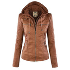 MunaWear - Leather Jackets - Liora - Stylish Women's Leather Jacket With Hood For Casual Outings - Khaki / 3XL