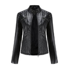 MunaWear - Leather Jackets - Liora - Stylish Women's Leather Jacket With Stand-Up Collar For Casual Wear - Black / 3XL