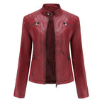 MunaWear - Leather Jackets - Liora - Stylish Women's Leather Jacket With Stand-Up Collar For Casual Wear - Burgundy / 3XL