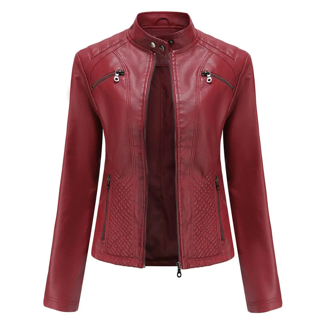 MunaWear - Leather Jackets - Liora - Stylish Women's Leather Jacket With Stand-Up Collar For Casual Wear - Burgundy / 3XL