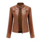 MunaWear - Leather Jackets - Liora - Stylish Women's Leather Jacket With Stand-Up Collar For Casual Wear - Camel / 3XL