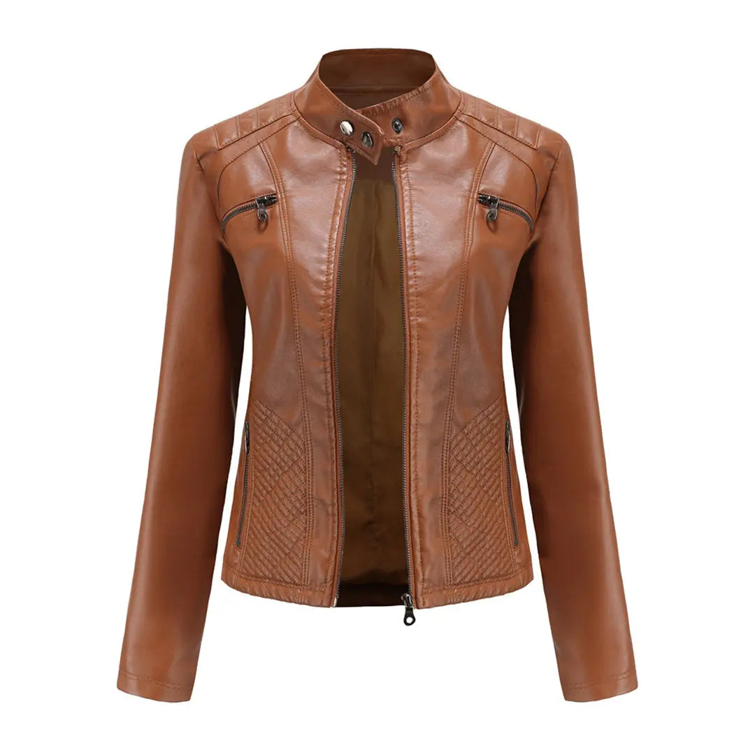 MunaWear - Leather Jackets - Liora - Stylish Women's Leather Jacket With Stand-Up Collar For Casual Wear - Camel / 3XL