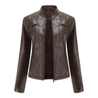 MunaWear - Leather Jackets - Liora - Stylish Women's Leather Jacket With Stand-Up Collar For Casual Wear - Coffee / 3XL