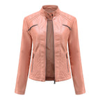 MunaWear - Leather Jackets - Liora - Stylish Women's Leather Jacket With Stand-Up Collar For Casual Wear - Pink / 3XL