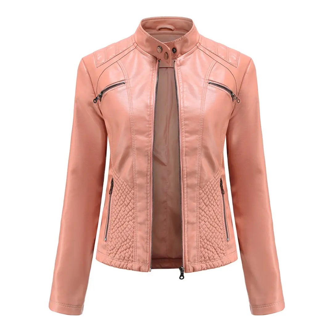 MunaWear - Leather Jackets - Liora - Stylish Women's Leather Jacket With Stand-Up Collar For Casual Wear - Pink / 3XL