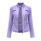 MunaWear - Leather Jackets - Liora - Stylish Women's Leather Jacket With Stand-Up Collar For Casual Wear - Purple / 3XL