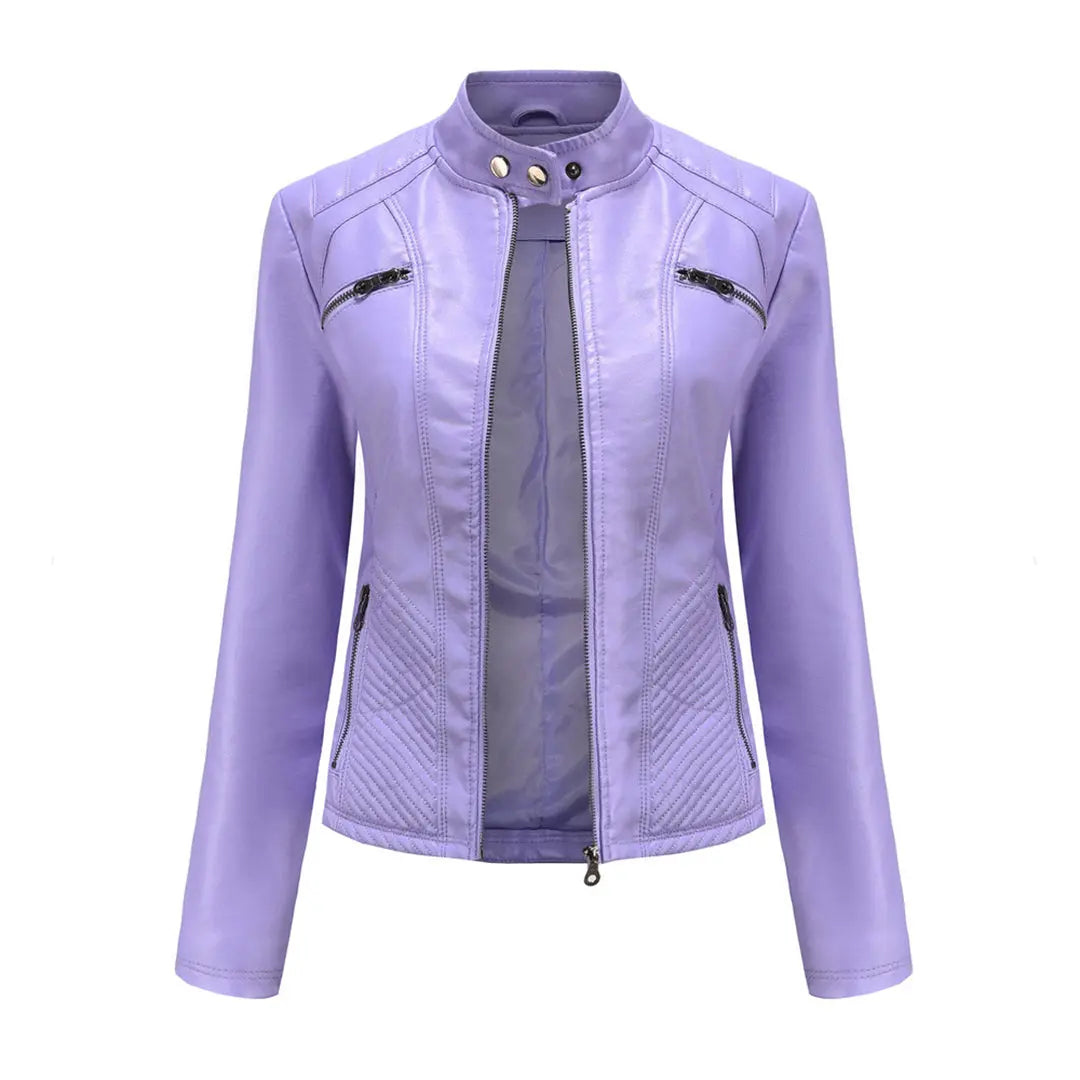 MunaWear - Leather Jackets - Liora - Stylish Women's Leather Jacket With Stand-Up Collar For Casual Wear - Purple / 3XL