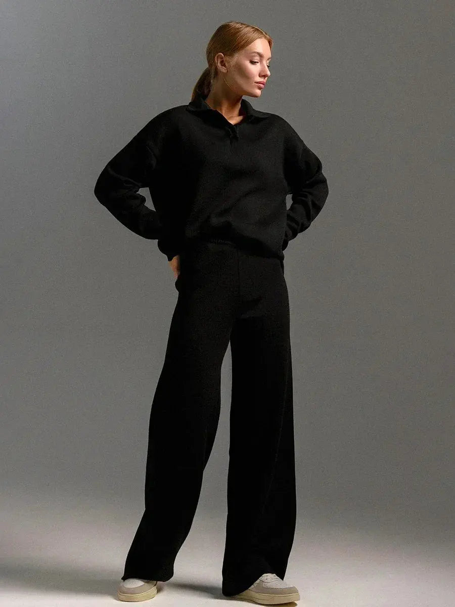 MunaWear - Loungewear - Ivey - Cozy Women's Lounge Set With Polo Collar For Casual Days - Black / L