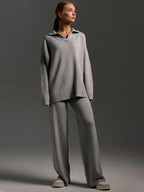 MunaWear - Loungewear - Ivey - Cozy Women's Lounge Set With Polo Collar For Casual Days - Gray / L