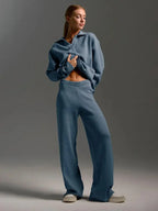 MunaWear - Loungewear - Ivey - Cozy Women's Lounge Set With Polo Collar For Casual Days - Hazy Blue / L