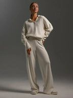 MunaWear - Loungewear - Ivey - Cozy Women's Lounge Set With Polo Collar For Casual Days - White / L