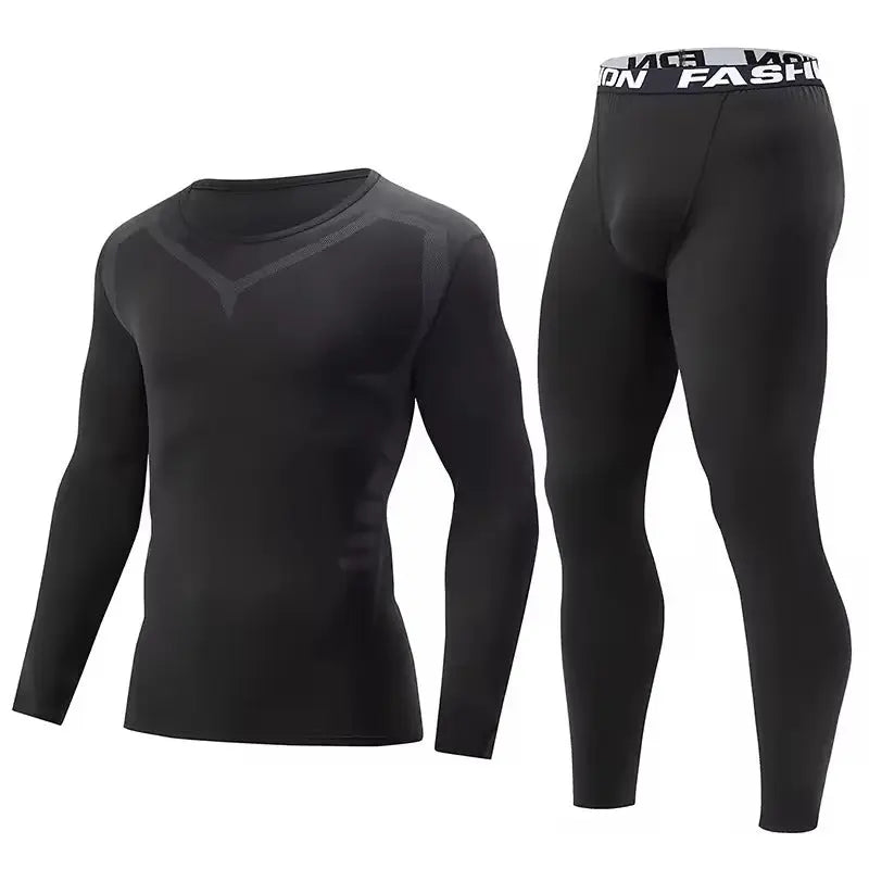 MunaWear - Men's Activewear - Ethan – Men's Black Long-Sleeved Fitness Underwear Set for Autumn/Winter, Comfortable & Warm Design - 