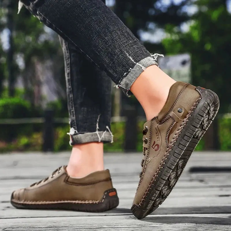 MunaWear - Shoes - Axen  – Classic Leather Casual Shoes for Men with Non-Slip Design - Khaki