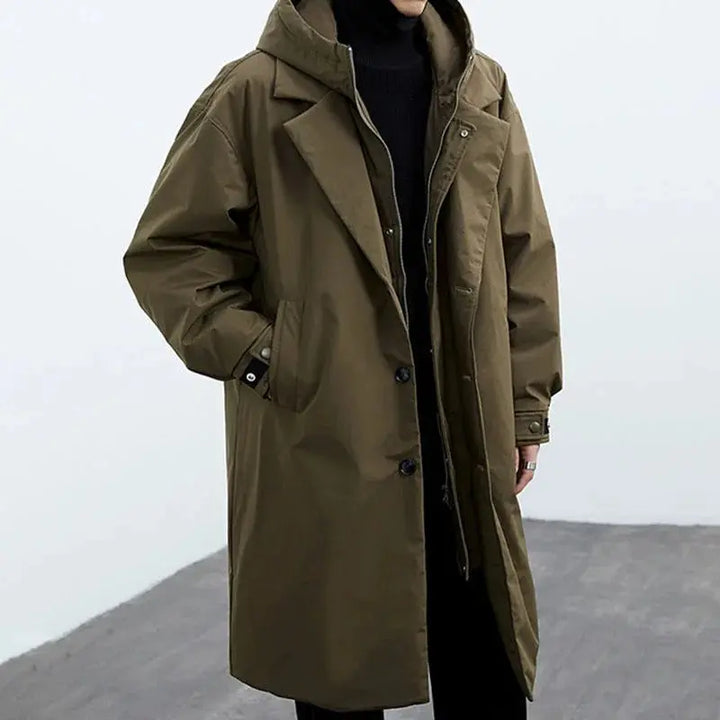 Long Waterproof Puffer Trench Coat for Men with Hood – Insulated Winter Overcoat for Cold Weather Protection 1