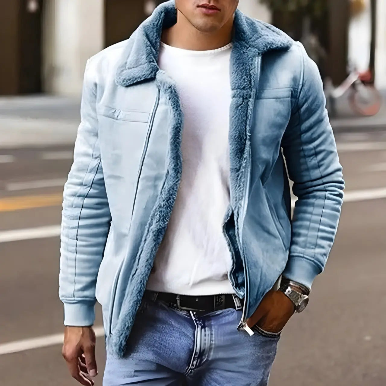 MunaWear - Men's Jackets - Dean – Stylish Men's Bomber Jacket With Vintage Charm For Year-Round Wear - Light Blue / 4XL