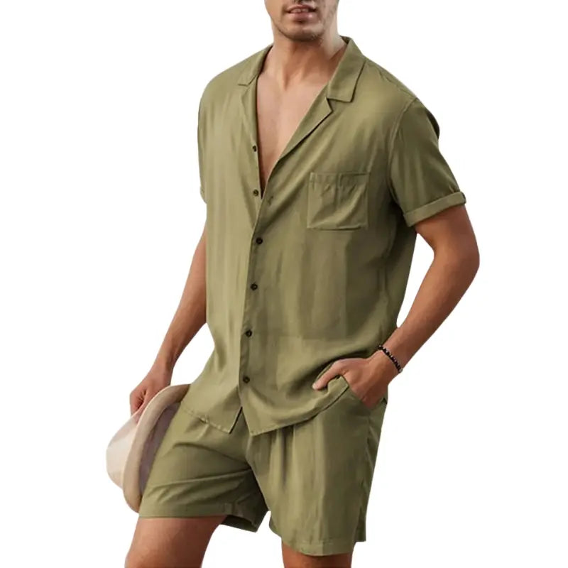 MunaWear - Men's Sets - Jett – Lightweight Short Sleeve Men's Casual Summer Set with Shirt and Shorts - Green / 3XL