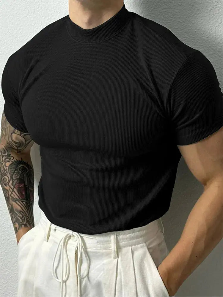 Caden - Stylish Men's T-Shirt With High Collar And Stripes For Casual Fitness 0
