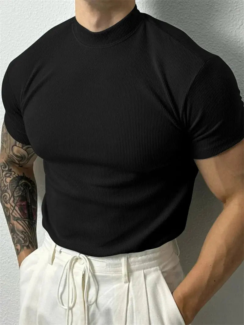 Caden - Stylish Men's T-Shirt With High Collar And Stripes For Casual Fitness 8