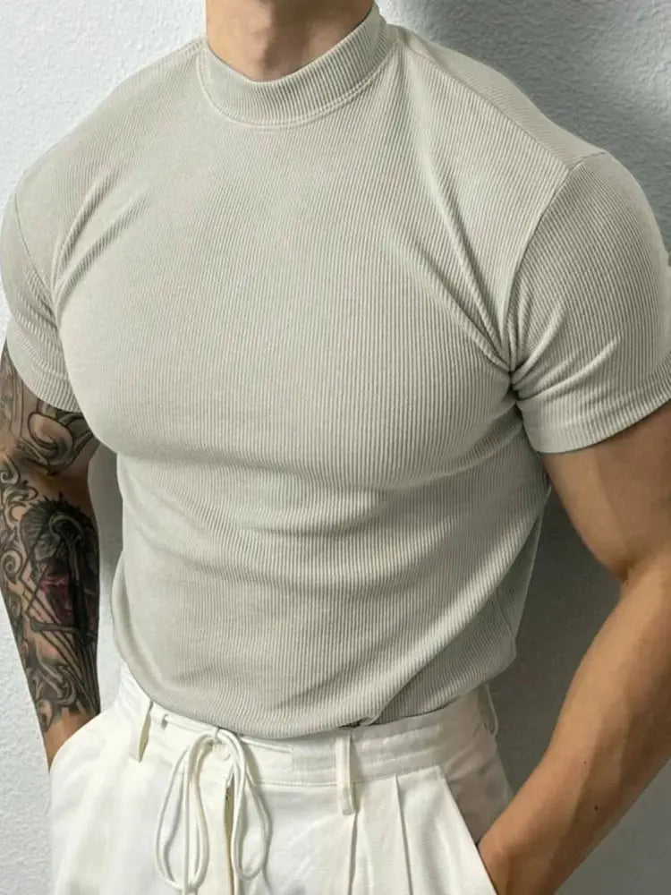 Caden - Stylish Men's T-Shirt With High Collar And Stripes For Casual Fitness 7