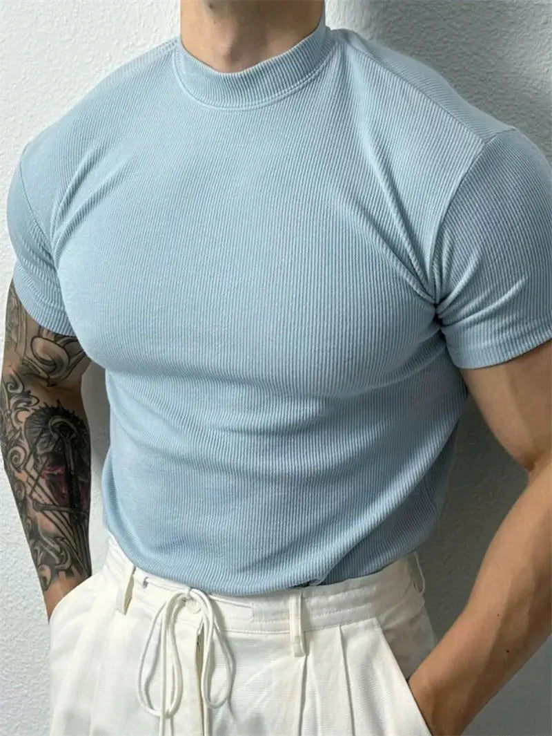 Caden - Stylish Men's T-Shirt With High Collar And Stripes For Casual Fitness 5